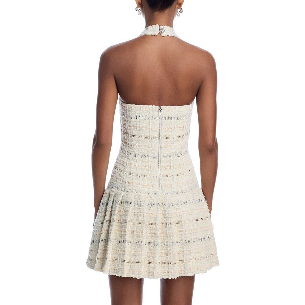 Aqua NWT Women’s Ivory Tweed Halter Mini Dress Sz XXL Buttons Pleated Skirt - Picture 2 of 8